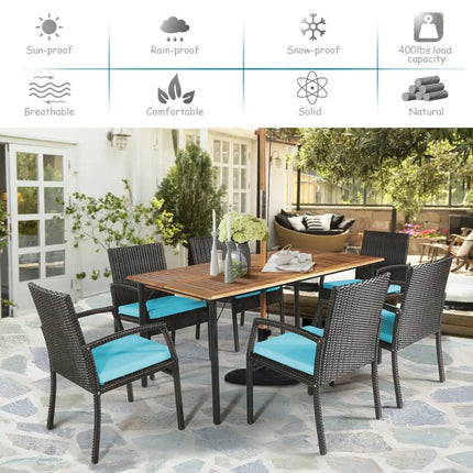 7Pcs Patio Rattan Cushioned Dining Set with Umbrella Hole-Turquoise - Turquoise - Patio Dining Sets