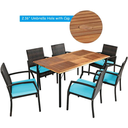 7Pcs Patio Rattan Cushioned Dining Set with Umbrella Hole-Turquoise - Turquoise - Patio Dining Sets