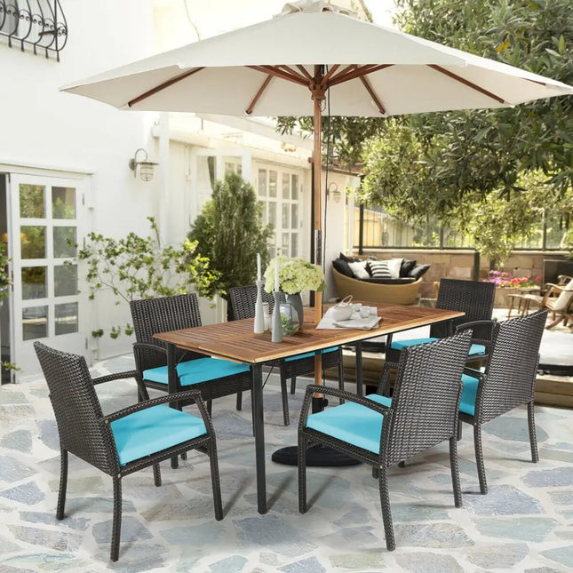 7Pcs Patio Rattan Cushioned Dining Set with Umbrella Hole-Turquoise - Turquoise - Patio Dining Sets