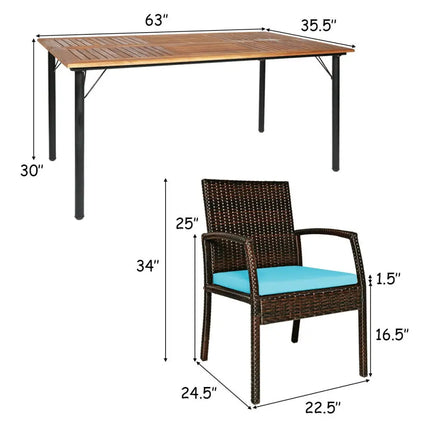 7Pcs Patio Rattan Cushioned Dining Set with Umbrella Hole-Turquoise - Turquoise - Patio Dining Sets