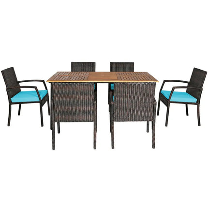7Pcs Patio Rattan Cushioned Dining Set with Umbrella Hole-Turquoise - Turquoise - Patio Dining Sets