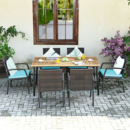 7Pcs Patio Rattan Cushioned Dining Set with Umbrella Hole-Turquoise - Turquoise - Patio Dining Sets