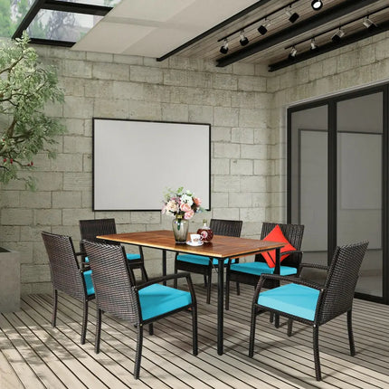 7Pcs Patio Rattan Cushioned Dining Set with Umbrella Hole-Turquoise - Turquoise - Patio Dining Sets