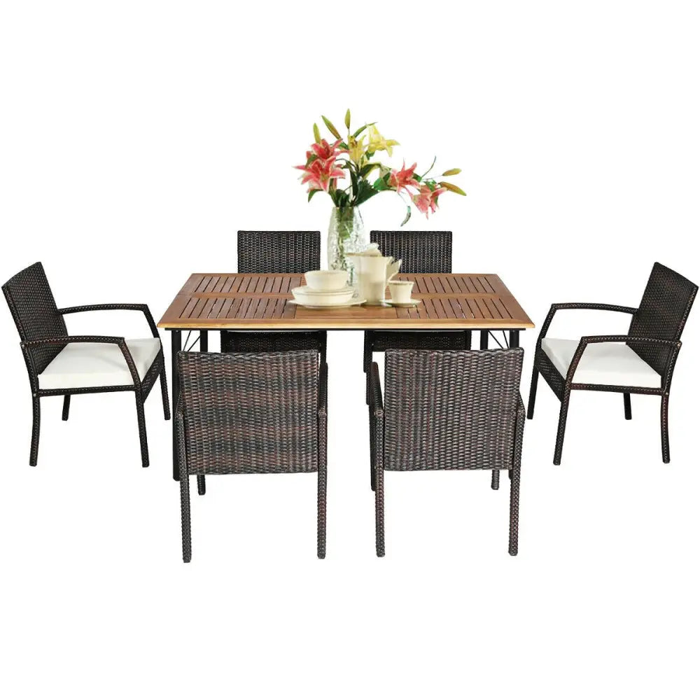 7Pcs Patio Rattan Cushioned Dining Set with Umbrella Hole-Warm White - White - Patio Dining Sets