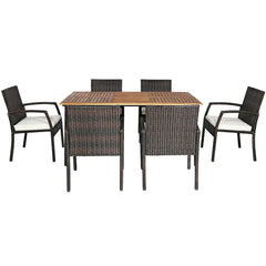7Pcs Patio Rattan Cushioned Dining Set with Umbrella Hole - Warm White - Oasis Home Essentials
