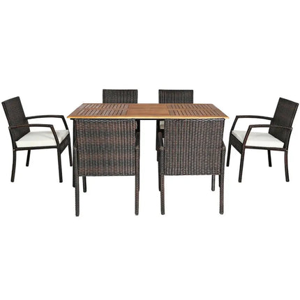 7Pcs Patio Rattan Cushioned Dining Set with Umbrella Hole - Warm White - Oasis Home Essentials
