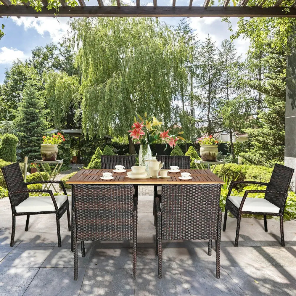 7Pcs Patio Rattan Cushioned Dining Set with Umbrella Hole-Warm White - White - Patio Dining Sets