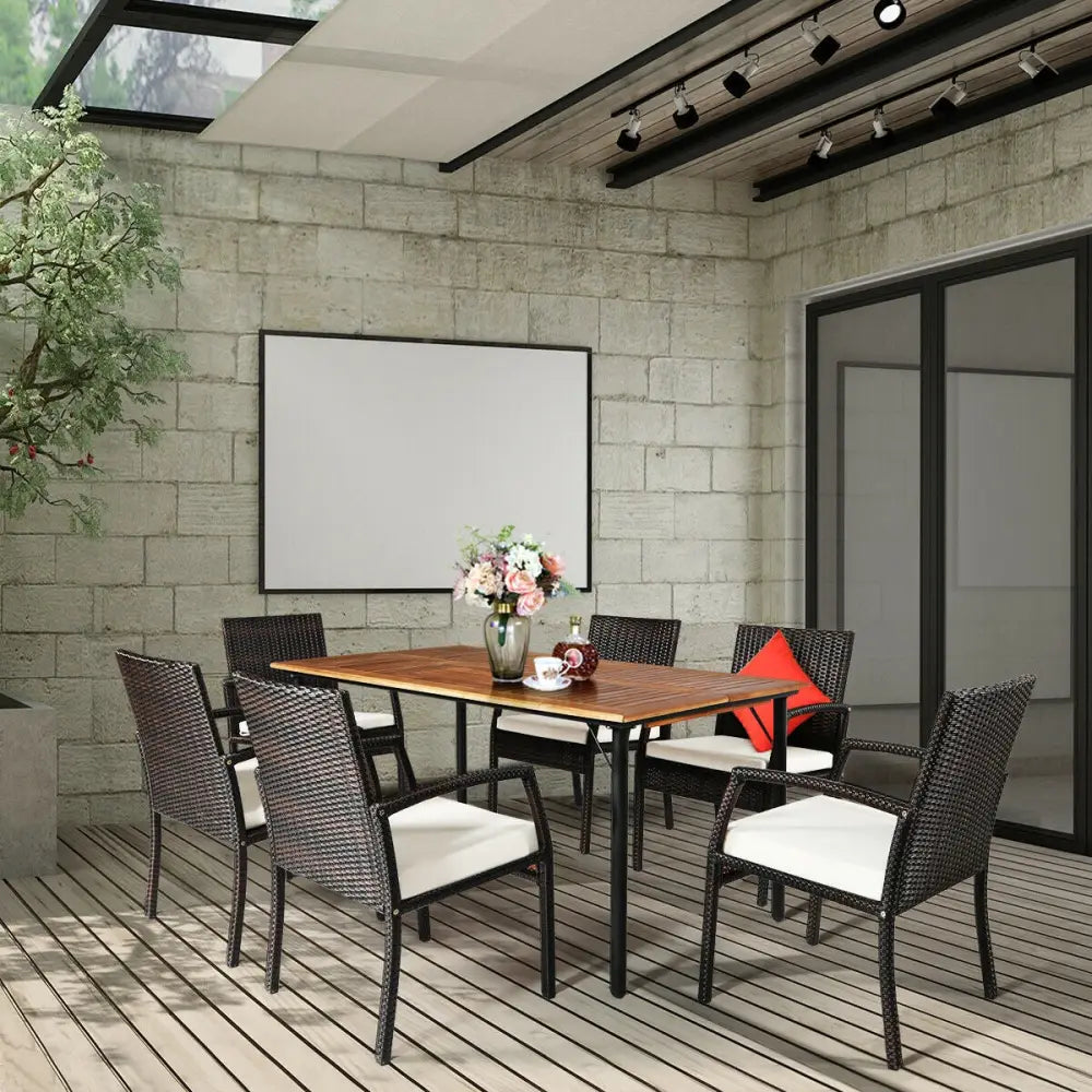 7Pcs Patio Rattan Cushioned Dining Set with Umbrella Hole-Warm White - White - Patio Dining Sets