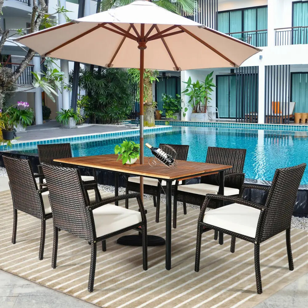 7Pcs Patio Rattan Cushioned Dining Set with Umbrella Hole-Warm White - White - Patio Dining Sets