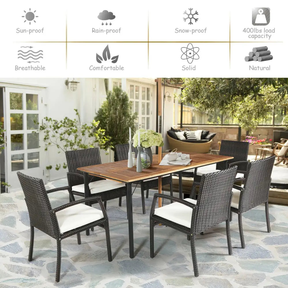 7Pcs Patio Rattan Cushioned Dining Set with Umbrella Hole-Warm White - White - Patio Dining Sets