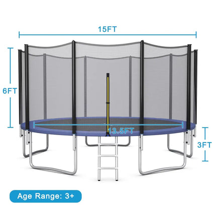8/10/12/14/15/16Feet Outdoor Trampoline Bounce Combo with Safety Closure Net Ladder-15 ft - Black - Trampolines