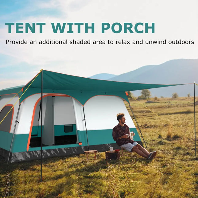 8-10 Person Camping Tent with Double Rooms and 2 Doors-Green - Green - Tents