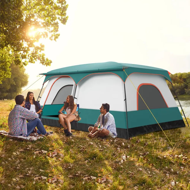 8-10 Person Camping Tent with Double Rooms and 2 Doors-Green - Green - Tents