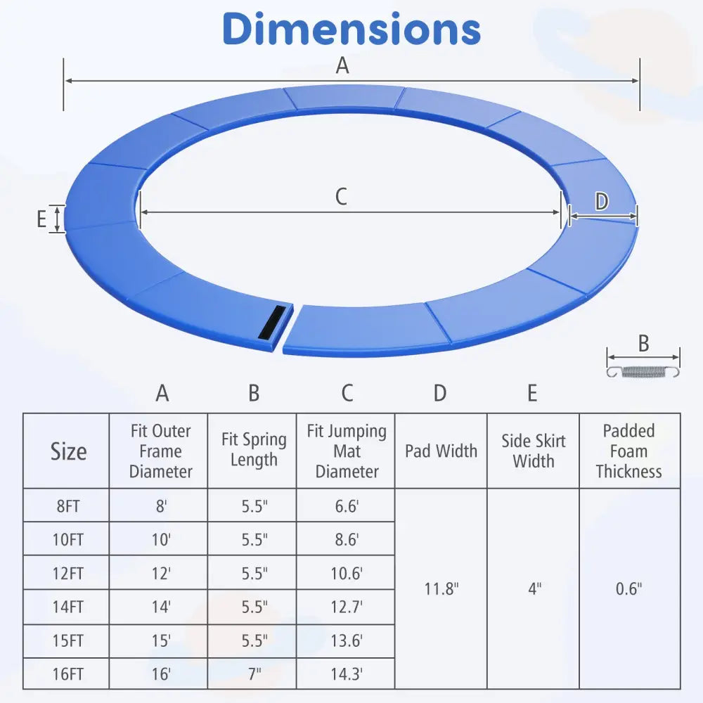 8-16 FT Trampoline Pad Replacement Safety Pad with Fixing Straps (Blue)-14ft - Blue - Outdoor Play