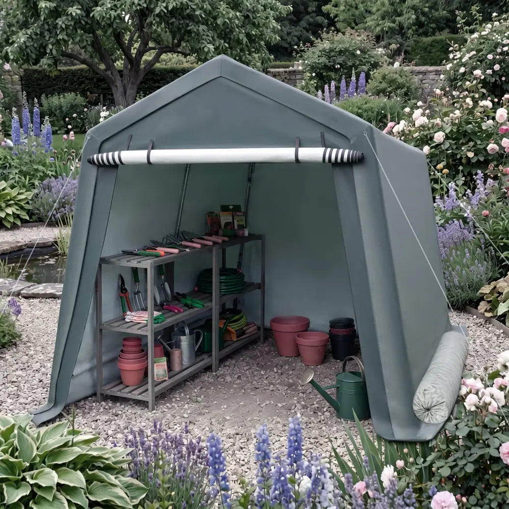 8.3 x 14 Feet Outdoor Storage Shed with Roll-Up Zipper Door-Green - Green - Sheds & Outdoor Storage