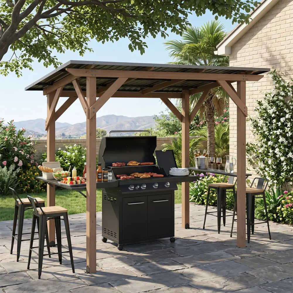 8.6 FT x 5 FT Grill Gazebo Cedar Wood BBQ Gazebo with 2 Side Serving Shelves-Brown - Brown - Gazebos