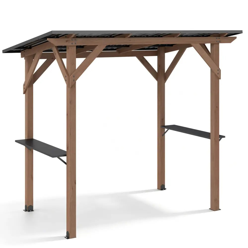 8.6 FT x 5 FT Grill Gazebo Cedar Wood BBQ Gazebo with 2 Side Serving Shelves-Brown - Brown - Gazebos