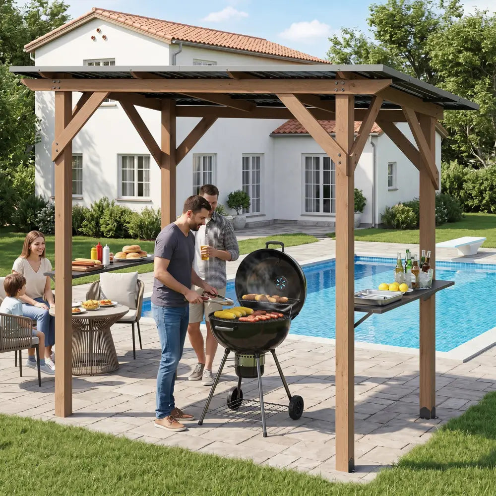 8.6 FT x 5 FT Grill Gazebo Cedar Wood BBQ Gazebo with 2 Side Serving Shelves-Brown - Brown - Gazebos