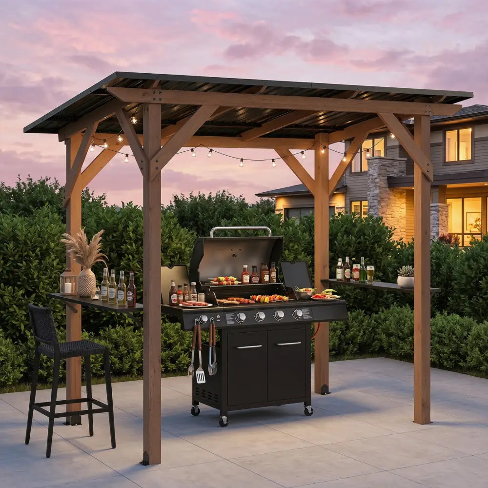8.6 FT x 5 FT Grill Gazebo Cedar Wood BBQ Gazebo with 2 Side Serving Shelves-Brown - Brown - Gazebos