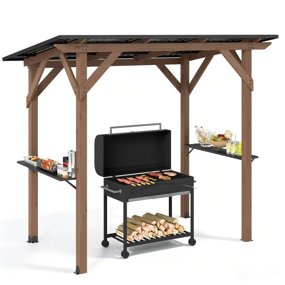 8.6 FT x 5 FT Grill Gazebo Cedar Wood BBQ Gazebo with 2 Side Serving Shelves-Brown - Brown - Gazebos