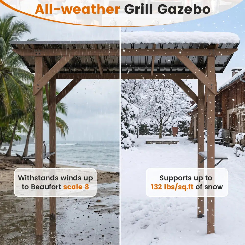 8.6 FT x 5 FT Grill Gazebo Cedar Wood BBQ Gazebo with 2 Side Serving Shelves-Brown - Brown - Gazebos