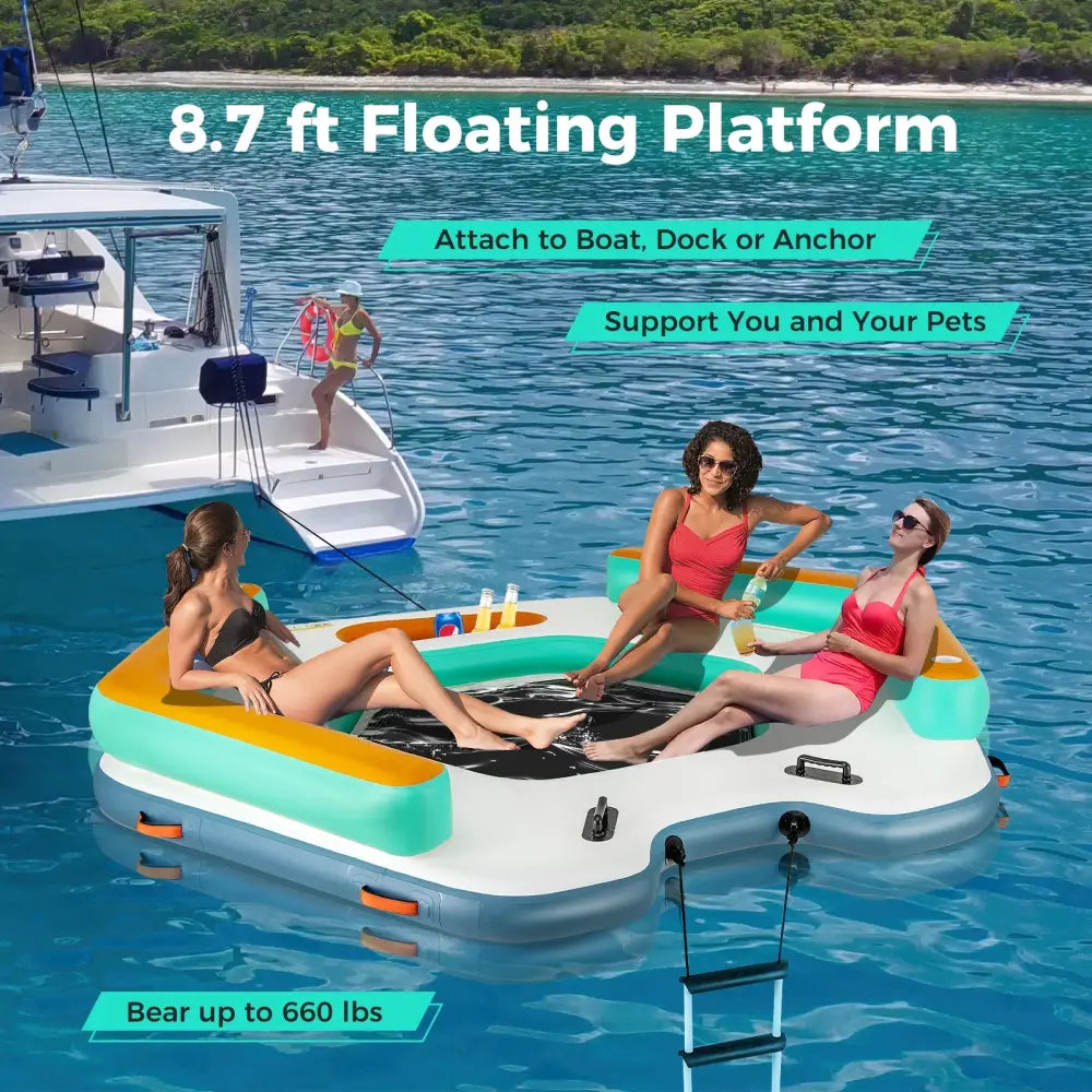 8.7 Feet Inflatable Floating Dock with Detachable Ladder and Mesh Swim Lounge - Multicolor - Swimming