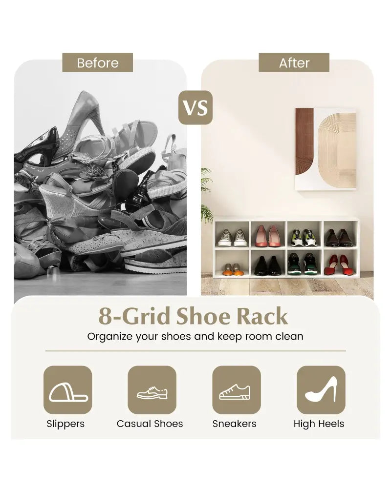 8 Cubbies Shoe Organizer with 500 LBS Weight Capacity-White - White - Shoe Racks & Storage Benches