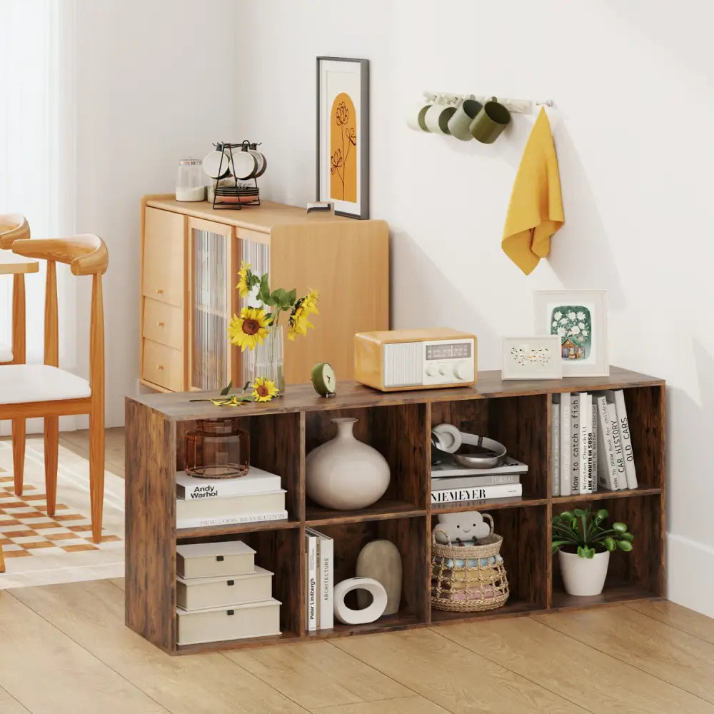 8-Cube Bookcase Bookshelf with 2 Anti-Tipping Kits Storage Organizer-Rustic Brown - Rustic Brown - Bookcases