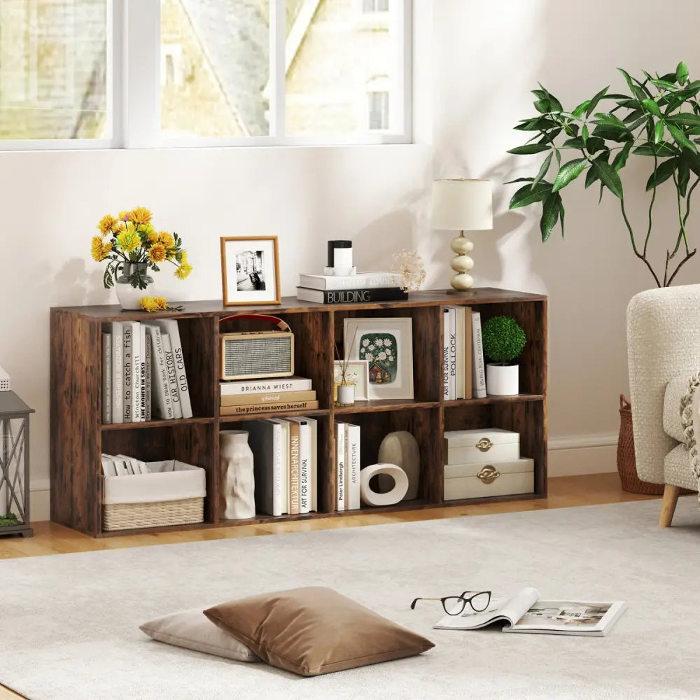 8-Cube Bookcase Bookshelf with 2 Anti-Tipping Kits Storage Organizer-Rustic Brown - Rustic Brown - Bookcases