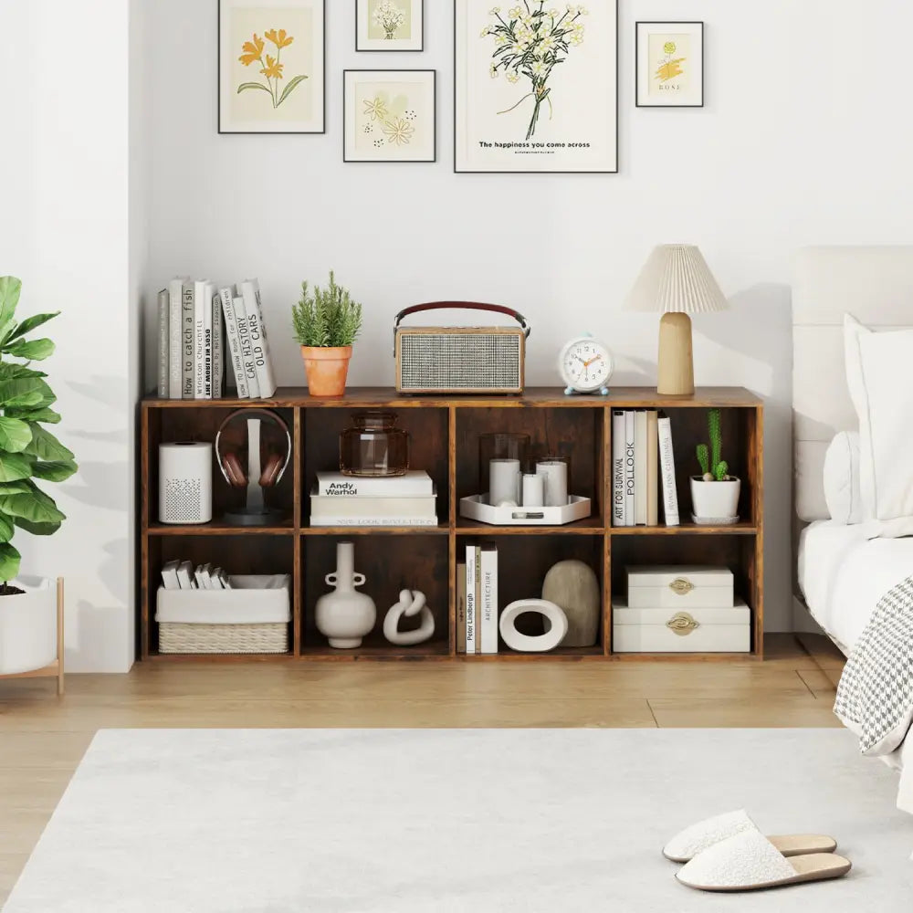 8-Cube Bookcase Bookshelf with 2 Anti-Tipping Kits Storage Organizer-Rustic Brown - Rustic Brown - Bookcases
