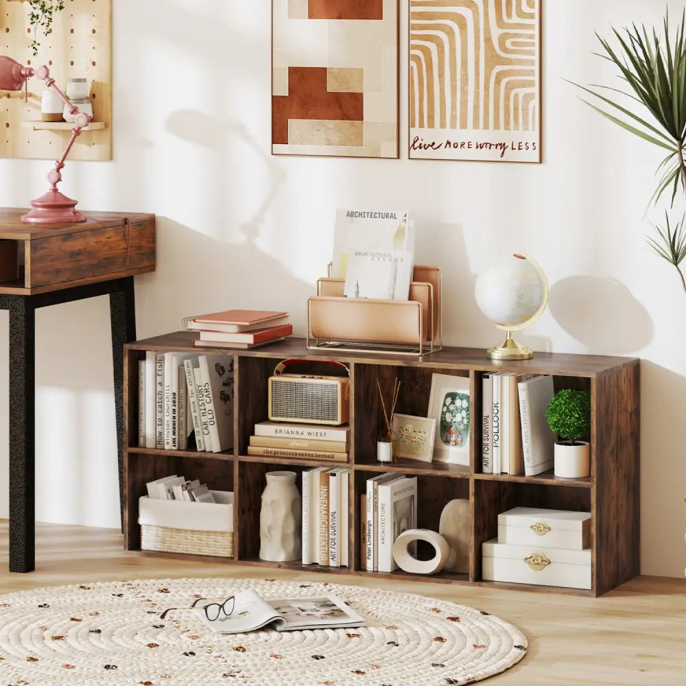 8-Cube Bookcase Bookshelf with 2 Anti-Tipping Kits Storage Organizer-Rustic Brown - Rustic Brown - Bookcases