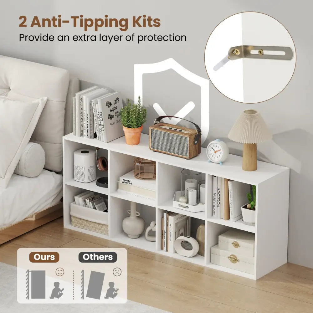 8-Cube Bookcase Bookshelf with 2 Anti-Tipping Kits Storage Organizer-White - White - Bookcases