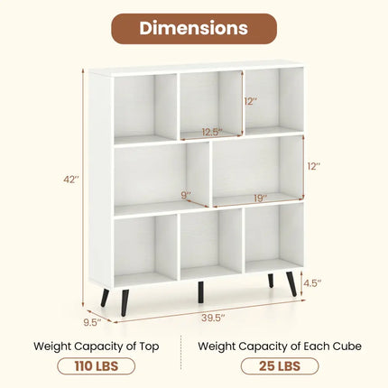 8-Cube Bookcase with 5 Tapered Metal Legs-White - White - Bookcases