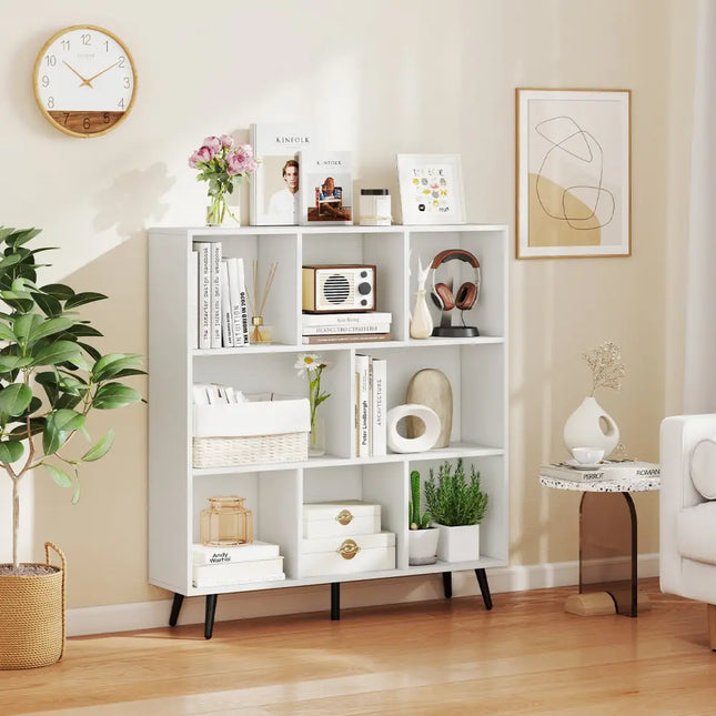 8-Cube Bookcase with 5 Tapered Metal Legs-White - White - Bookcases