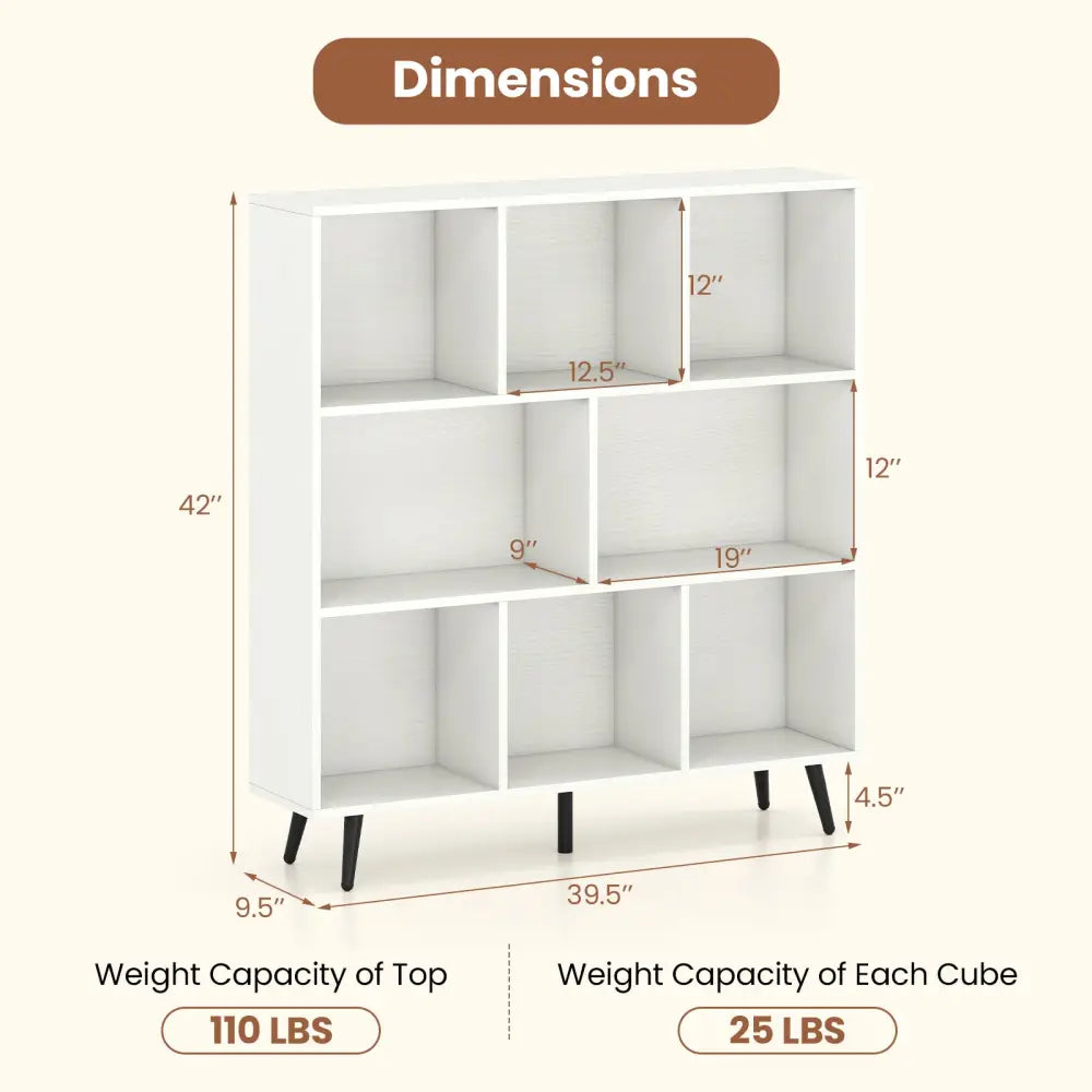 8-Cube Bookcase with 5 Tapered Metal Legs-White - White - Bookcases