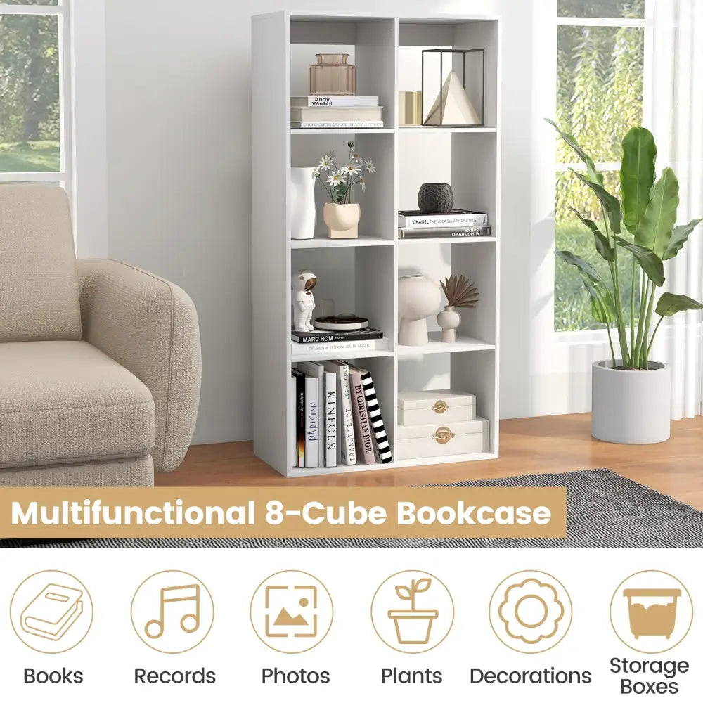 8 Cube Bookshelf with Back Guardrail for Living Room Bedroom-White - White - Bookcases