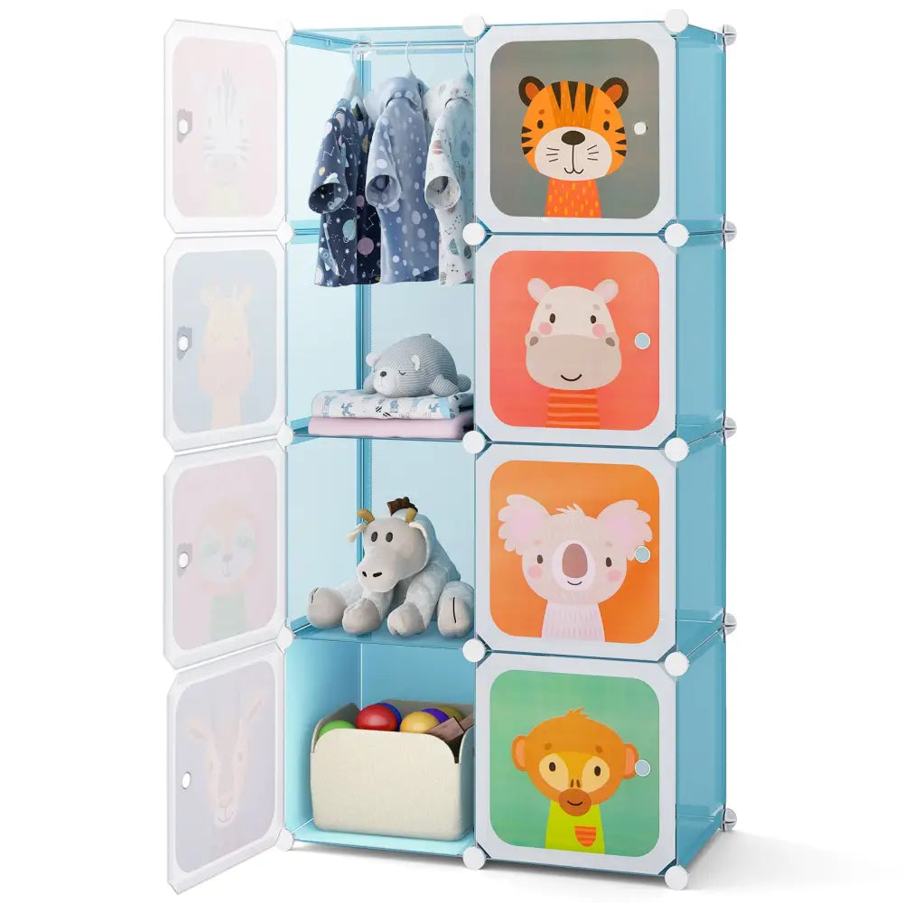 8-Cube Kids Wardrobe Closet with Clothes Hanging Section and Doors-Blue - Blue - Kids Storage
