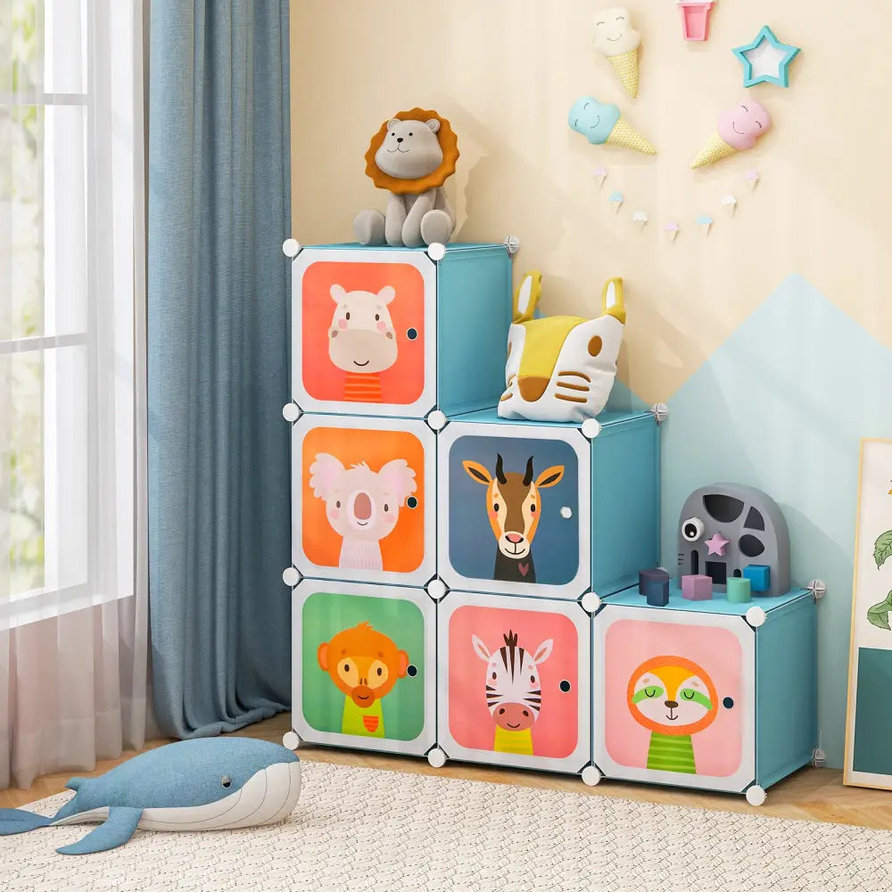 8-Cube Kids Wardrobe Closet with Clothes Hanging Section and Doors-Blue - Blue - Kids Storage