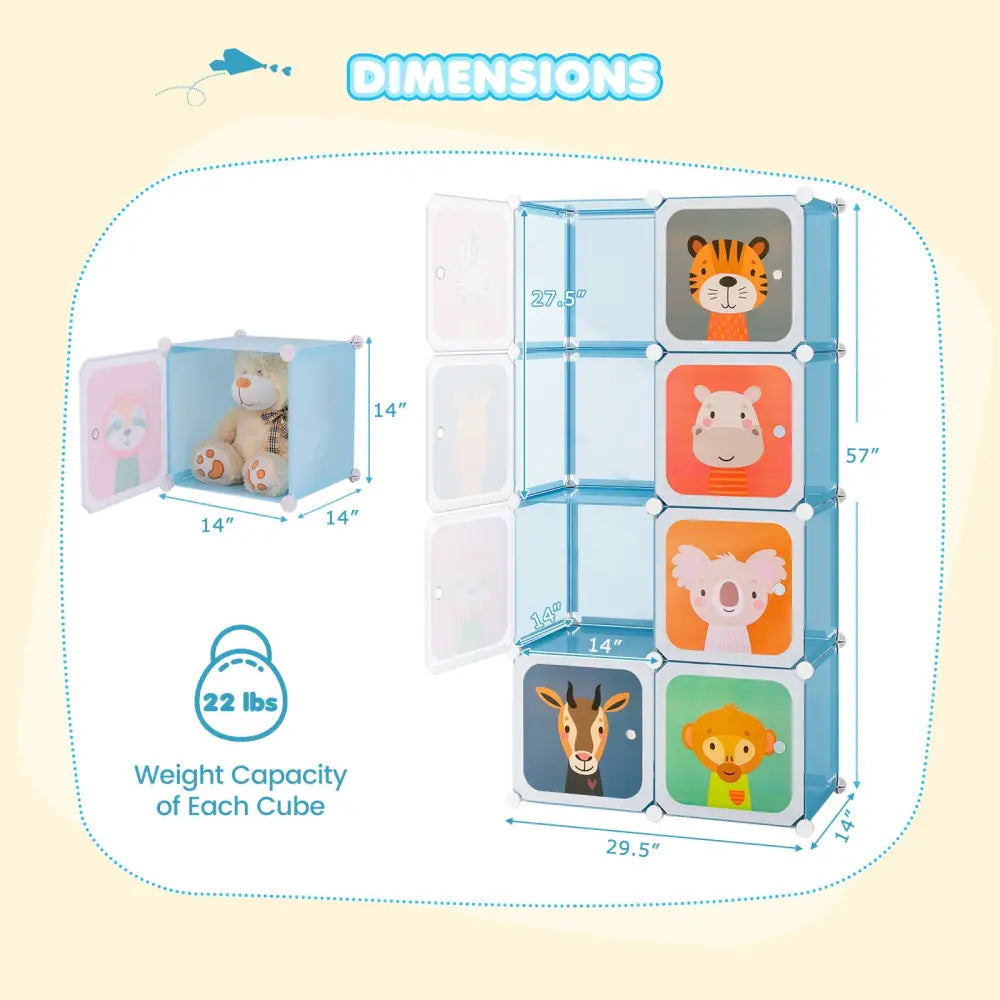 8-Cube Kids Wardrobe Closet with Clothes Hanging Section and Doors-Blue - Blue - Kids Storage