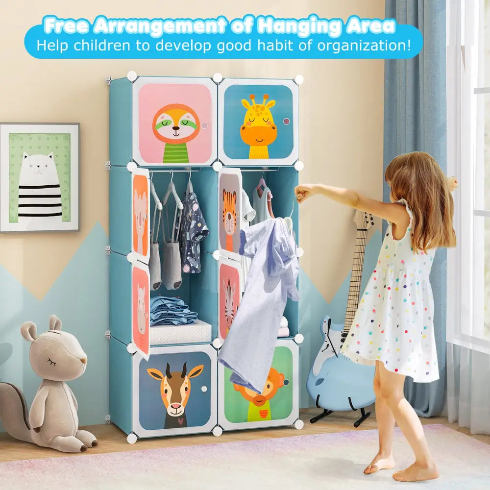 8-Cube Kids Wardrobe Closet with Clothes Hanging Section and Doors-Blue - Blue - Kids Storage