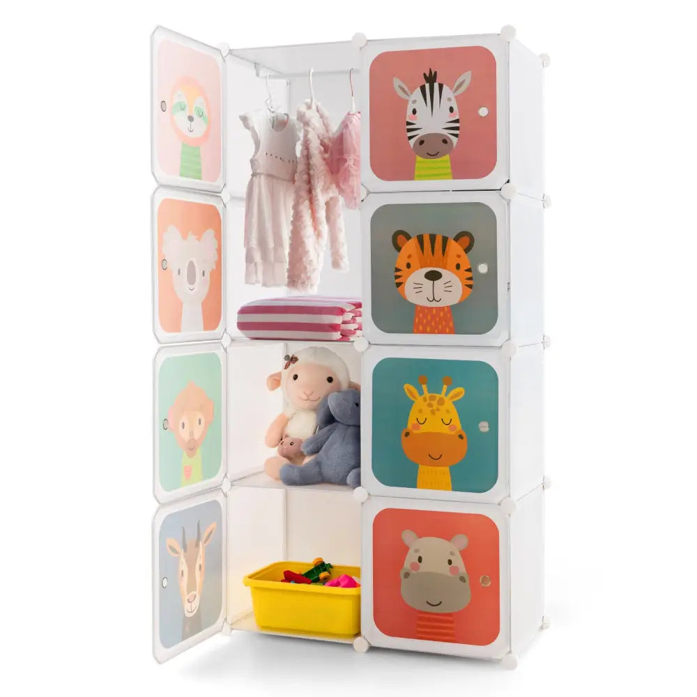 8 Cube Kids Wardrobe Closet with Hanging Section and Doors-8 Cubes - White - Kids Storage