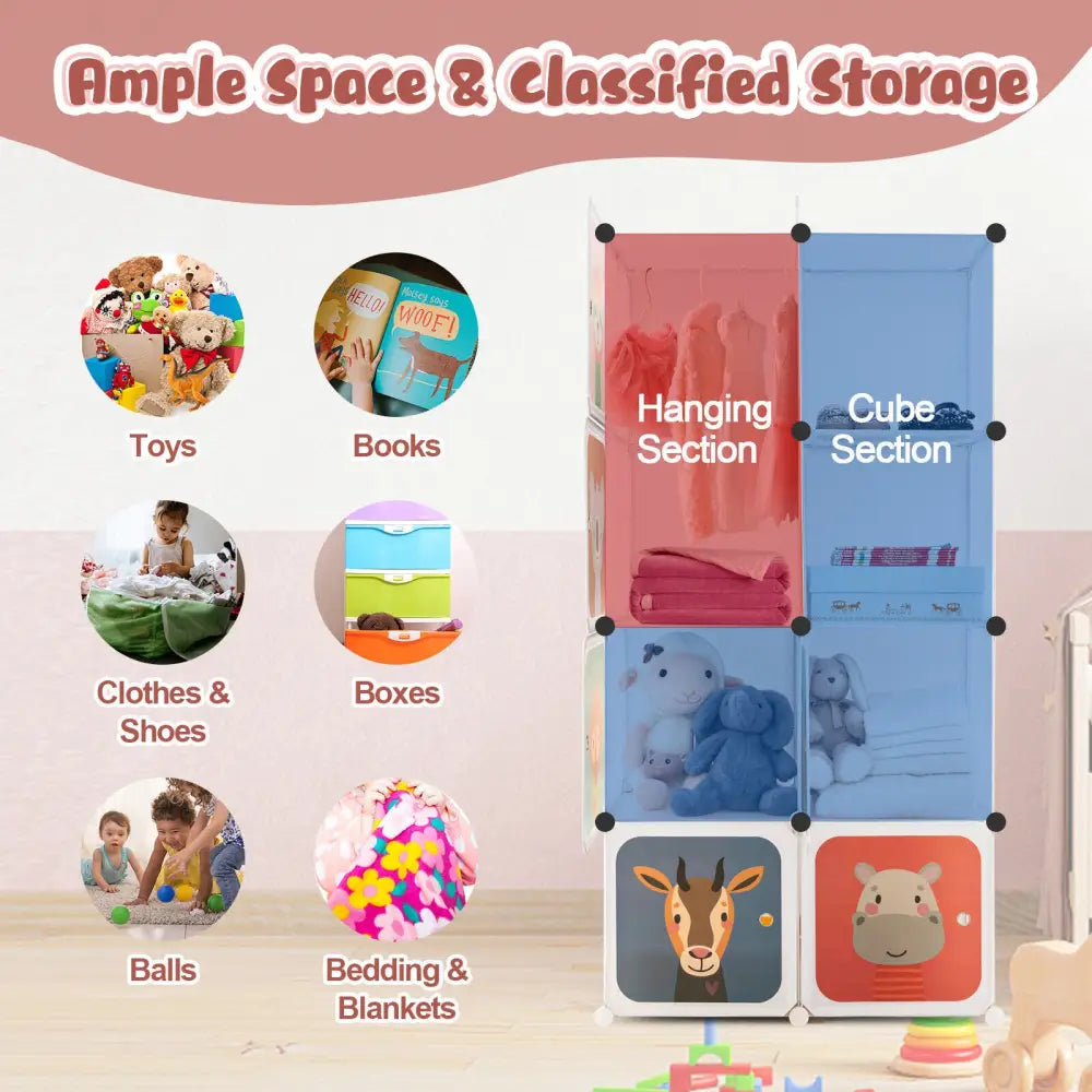 8 Cube Kids Wardrobe Closet with Hanging Section and Doors-8 Cubes - White - Kids Storage