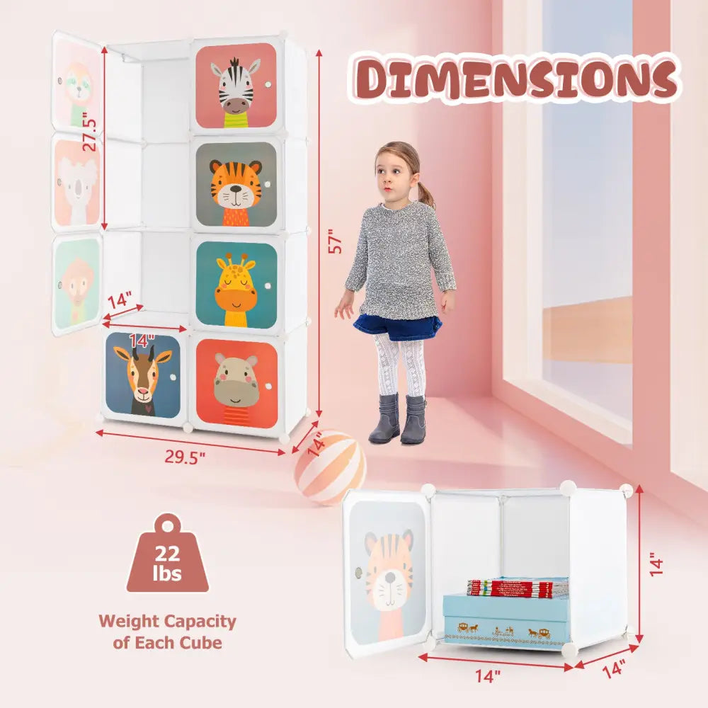 8 Cube Kids Wardrobe Closet with Hanging Section and Doors-8 Cubes - White - Kids Storage
