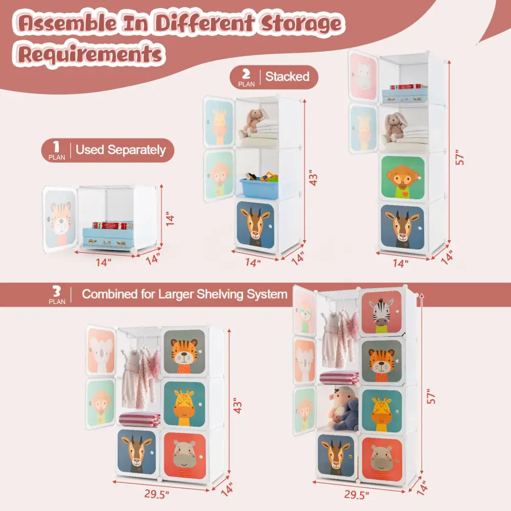 8 Cube Kids Wardrobe Closet with Hanging Section and Doors-8 Cubes - White - Kids Storage