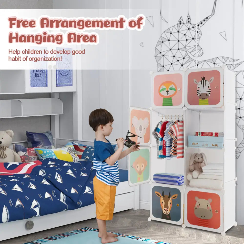 8 Cube Kids Wardrobe Closet with Hanging Section and Doors-8 Cubes - White - Kids Storage