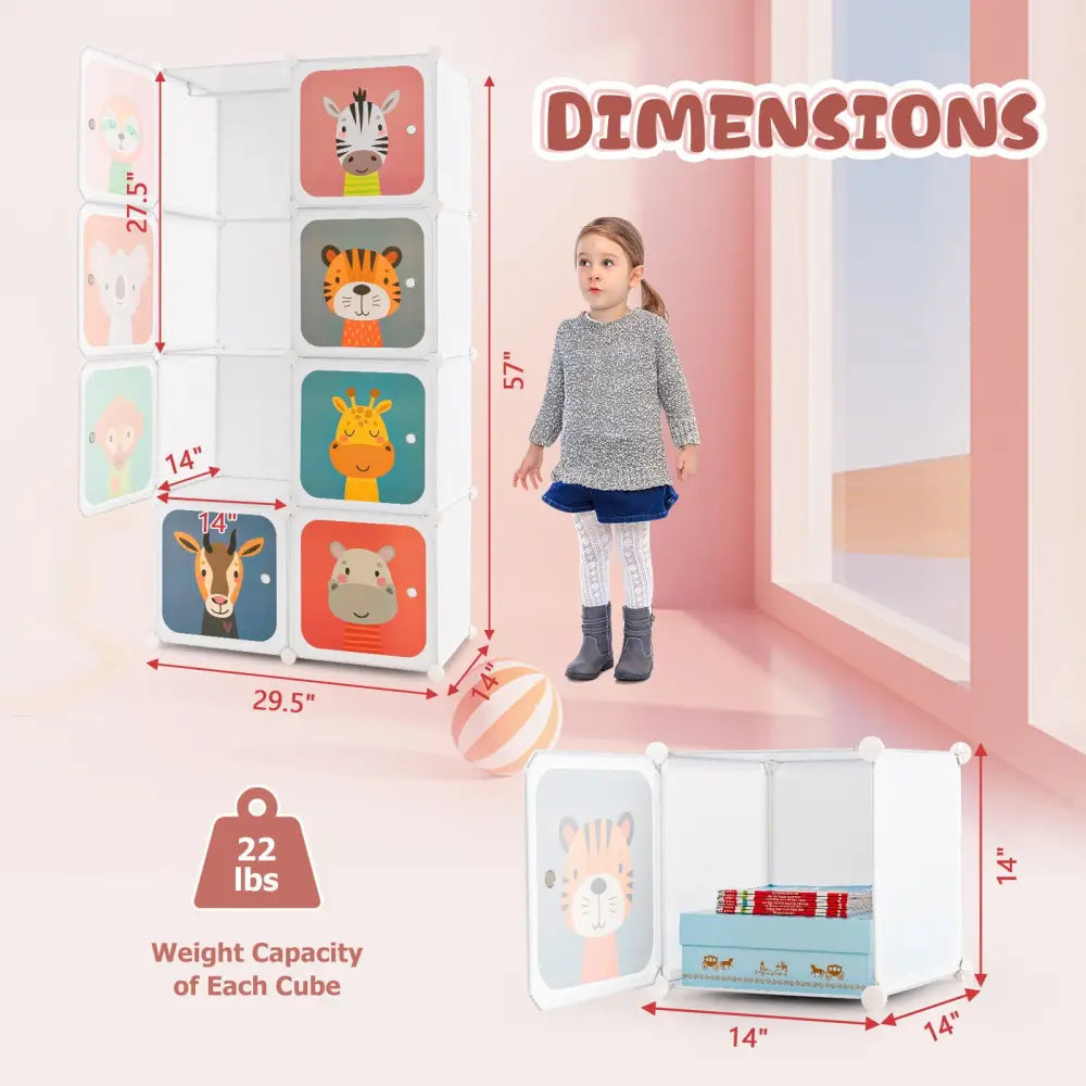 8 Cube Kids Wardrobe Closet with Hanging Section and Doors-8 Cubes - White - Kids Storage