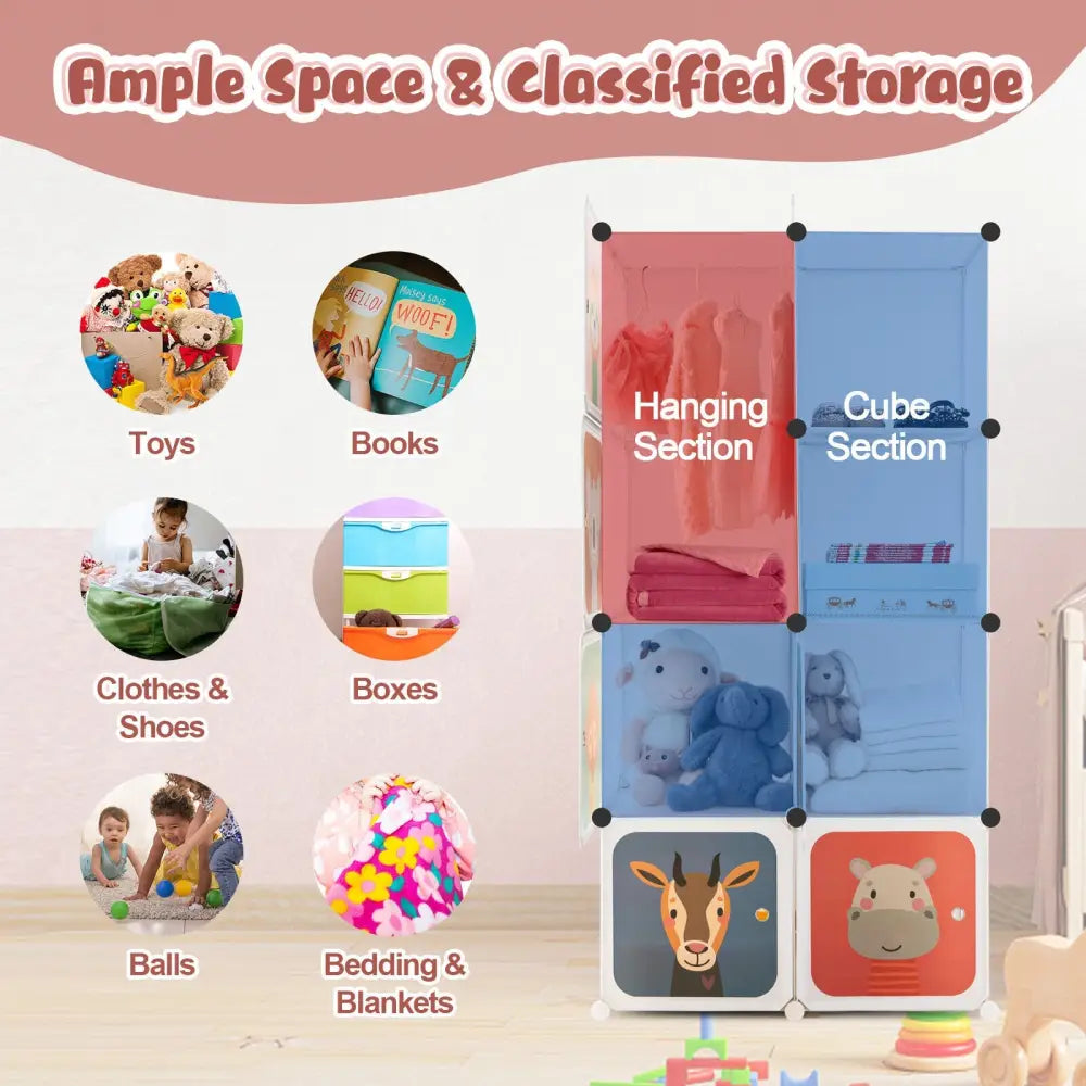 8 Cube Kids Wardrobe Closet with Hanging Section and Doors-8 Cubes - White - Kids Storage