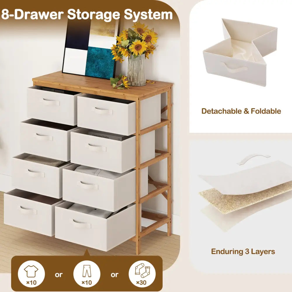 8 Drawers Dresser with Removable Fabric Bins for Bedroom-Beige - Beige - Dressers & Chests