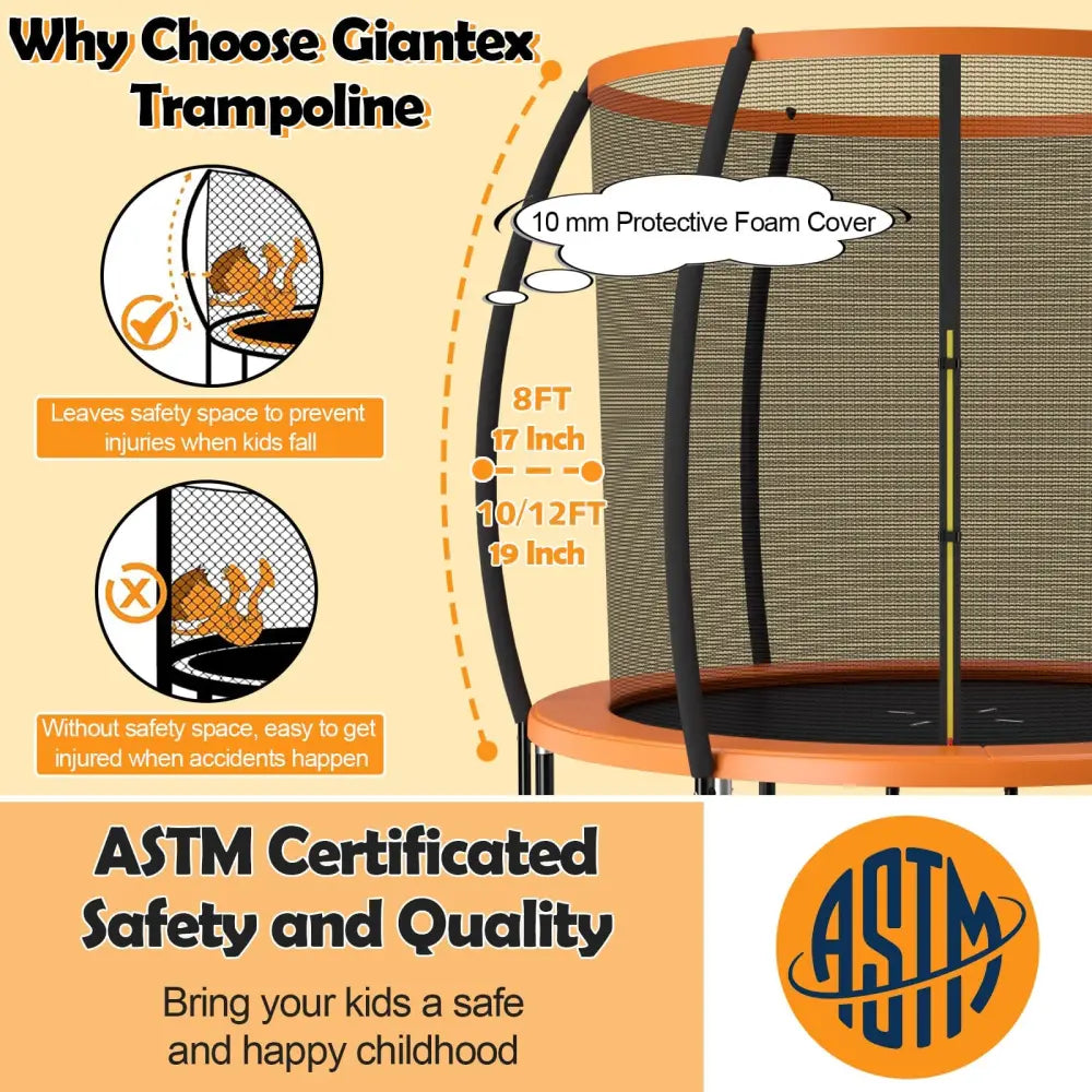 8 Feet ASTM Approved Recreational Trampoline with Ladder-Orange - Orange - Trampolines