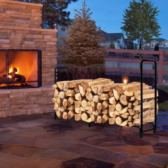 8 Feet Outdoor Steel Firewood Log Rack - Black - Log Storage